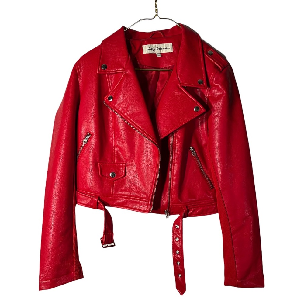 Red vegan leather moto jacket